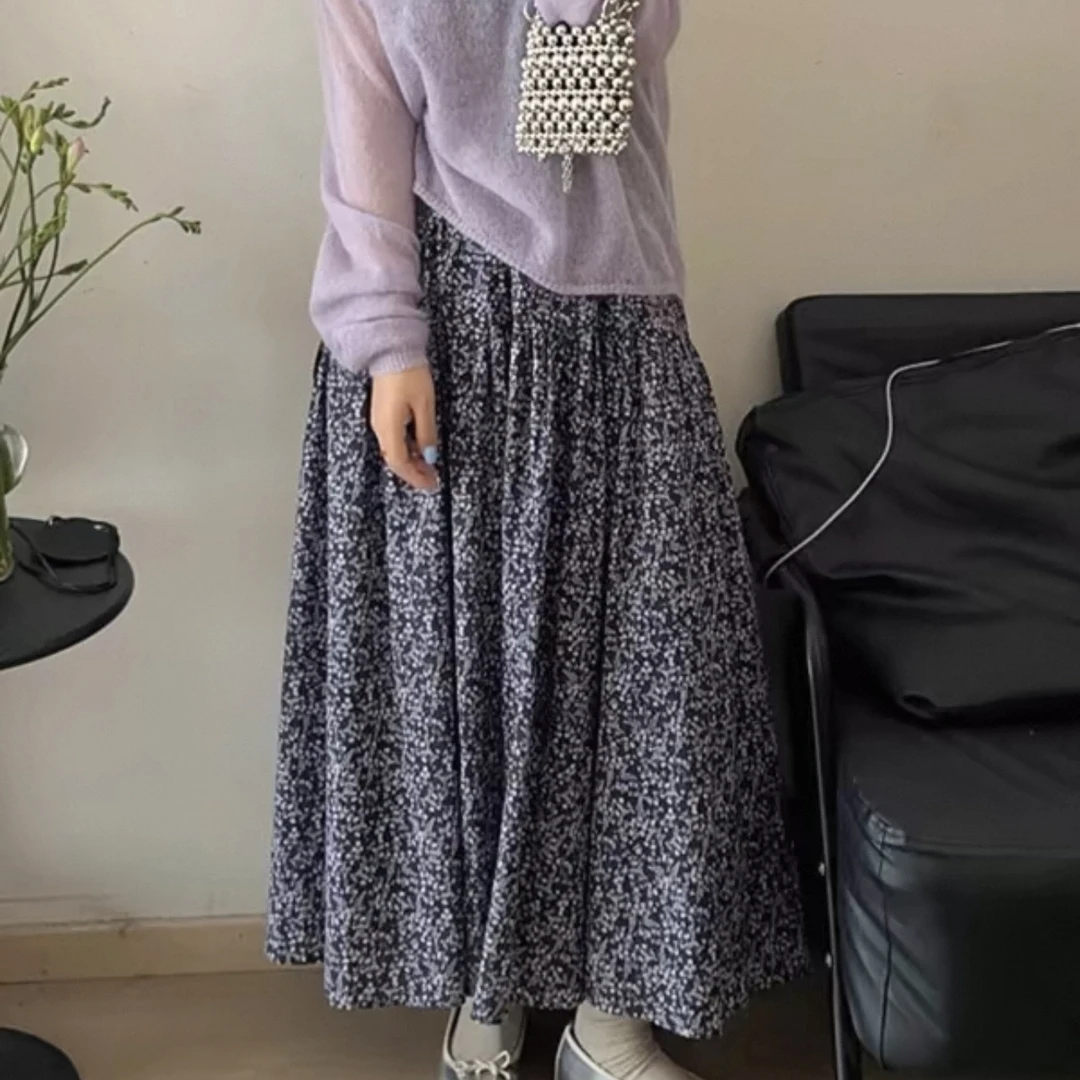 韩系松紧腰蓝色碎花半身裙女夏季高腰显瘦大摆A字长裙