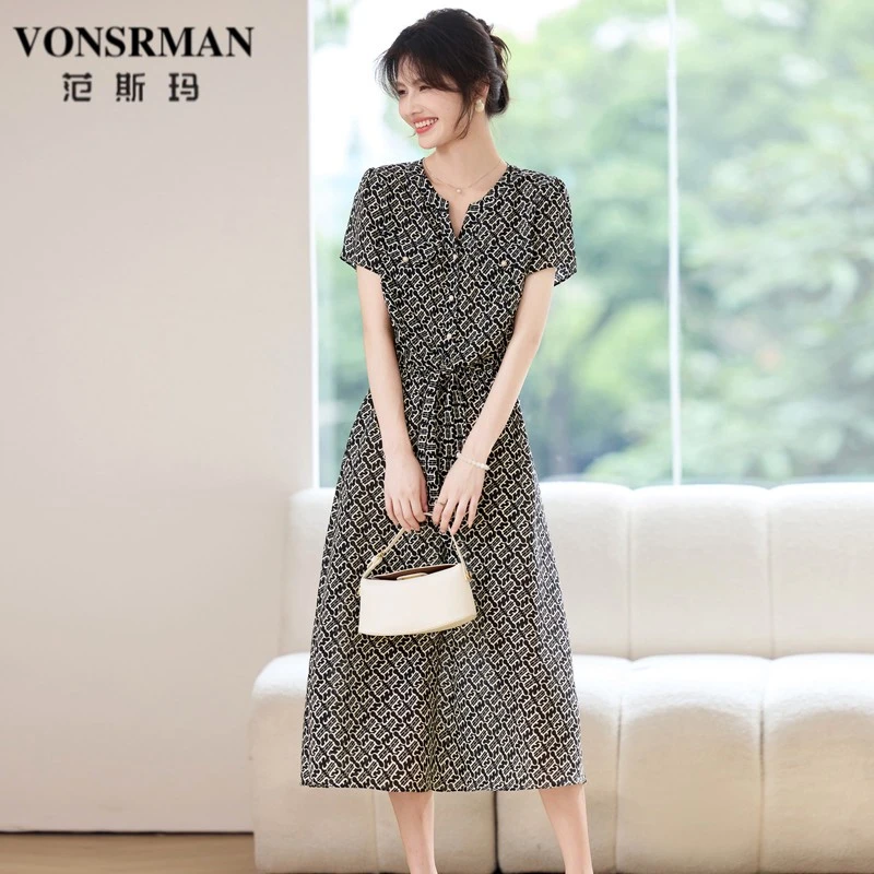 高档时尚气质轻奢印花连衣裙夏季长款遮肚显瘦复古高级感裙子法式