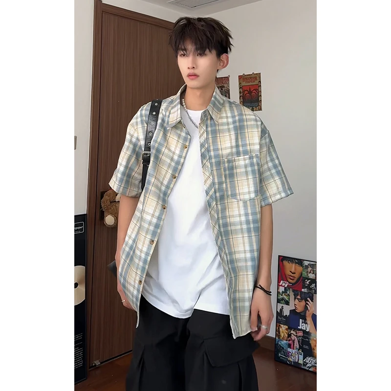 美式复古格子短袖衬衫男士夏季新款高级感宽松休闲百搭帅气上衣