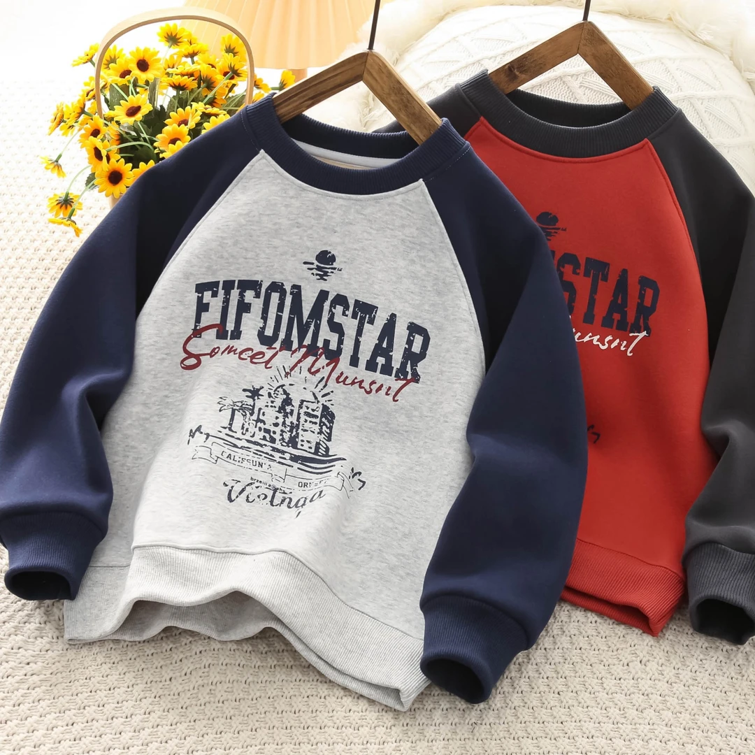 男童撞色插肩加绒连帽卫衣2025秋冬季儿童加厚上衣中大童保暖绒衫