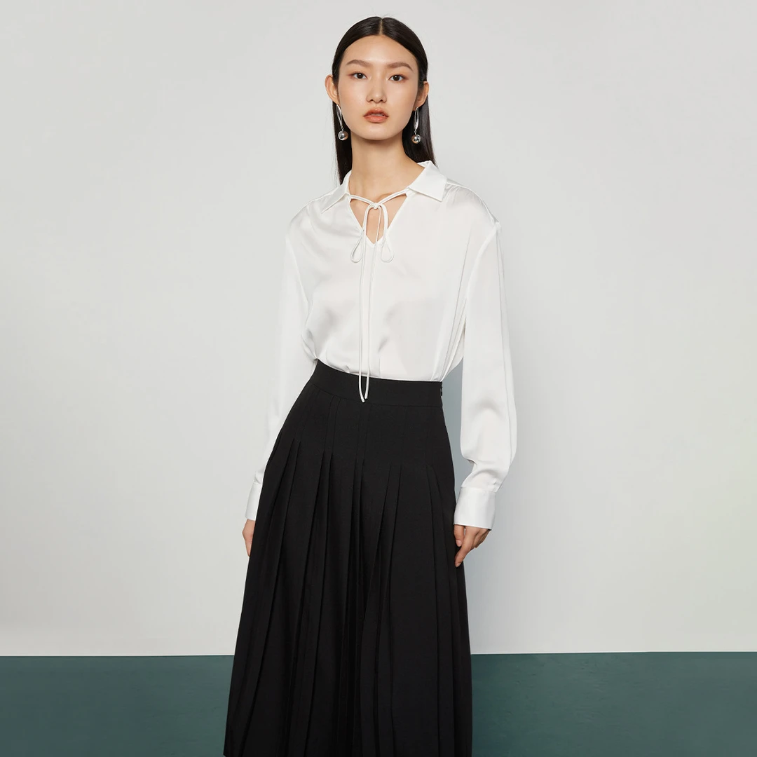 层次感打揽设计感衬衫女秋季系带V领舒适百搭长袖衬衣D311301641