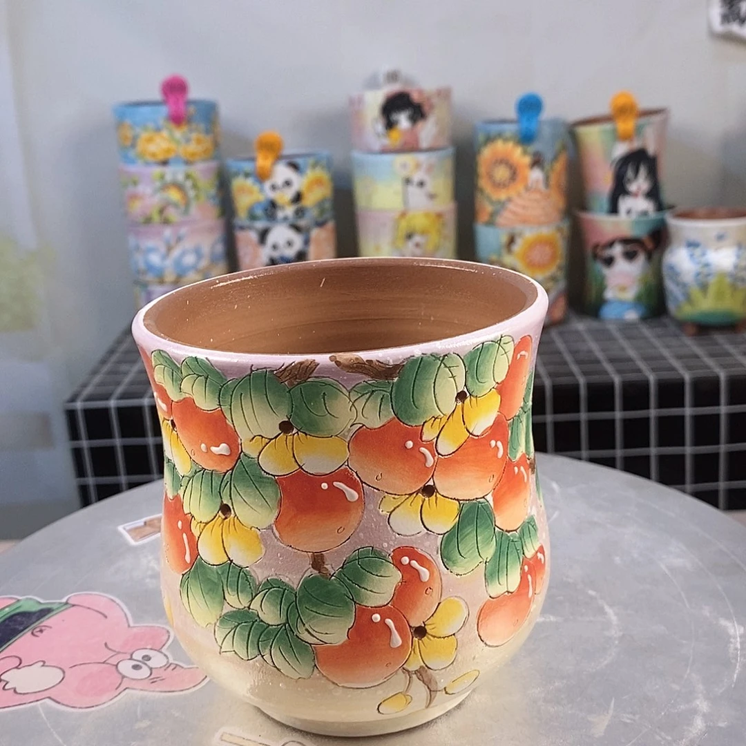 紫砂花盆红陶手绘花盆