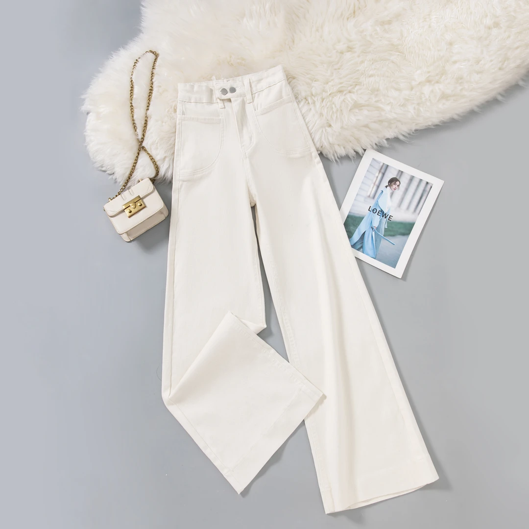 “净色优雅”米杏色阔腿牛仔裤女高腰2025春季新款弹力宽松长裤7859