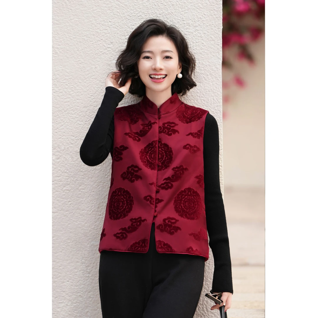 西子/【团圆】漳缎提花福寿纹新中式国风正红立领马甲马夹/MJHC164