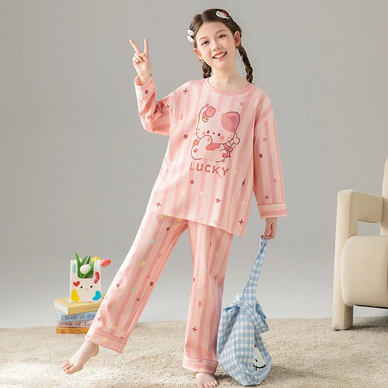 秋季纯棉儿童睡衣中大童长袖休闲圆领家居服女童宽松套装亲子装秋