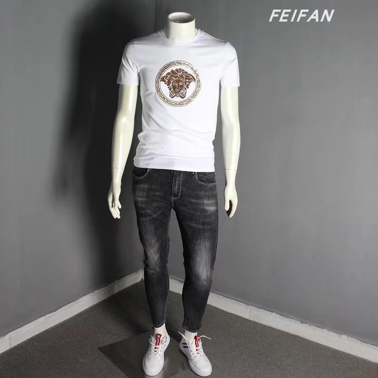 男装夏季修身短袖烫印烫钻夏季圆领T恤上衣休闲高质感穿搭