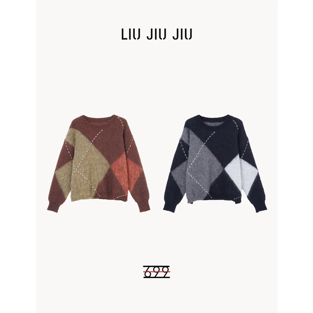 LIUJIUJIU 法式美拉德色系慵懒风菱格宽松显瘦针织毛衣MY2728L