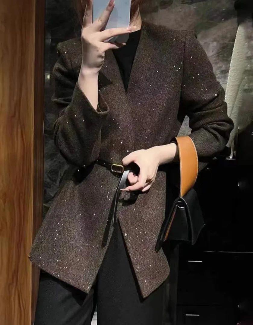 Q3820高级感开挂！亮片收腰羊毛外套腰带，收腰剪裁，职场时髦两不误