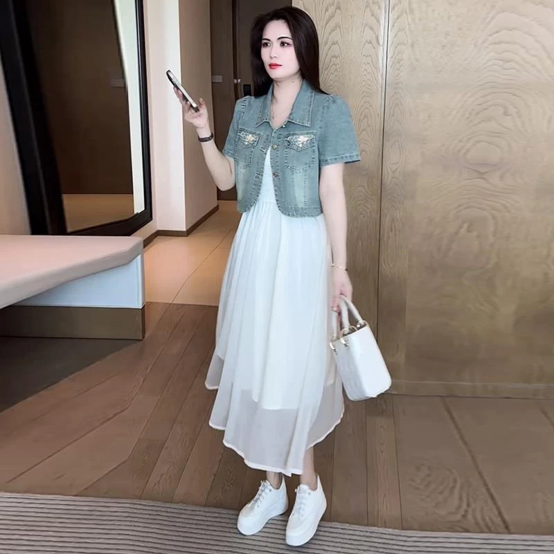 连衣裙套装女夏新款洋气减龄小个子短袖牛仔外套中长款a字裙两件