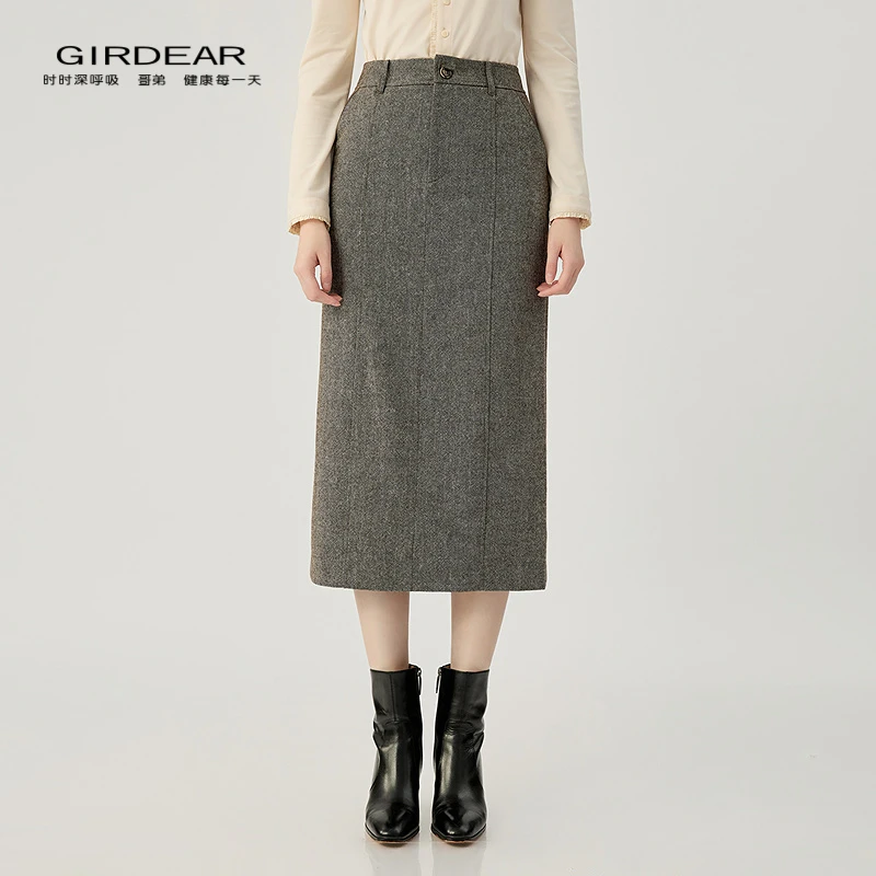 哥弟 复古英伦风高腰一粒扣包臀羊毛半身裙120063