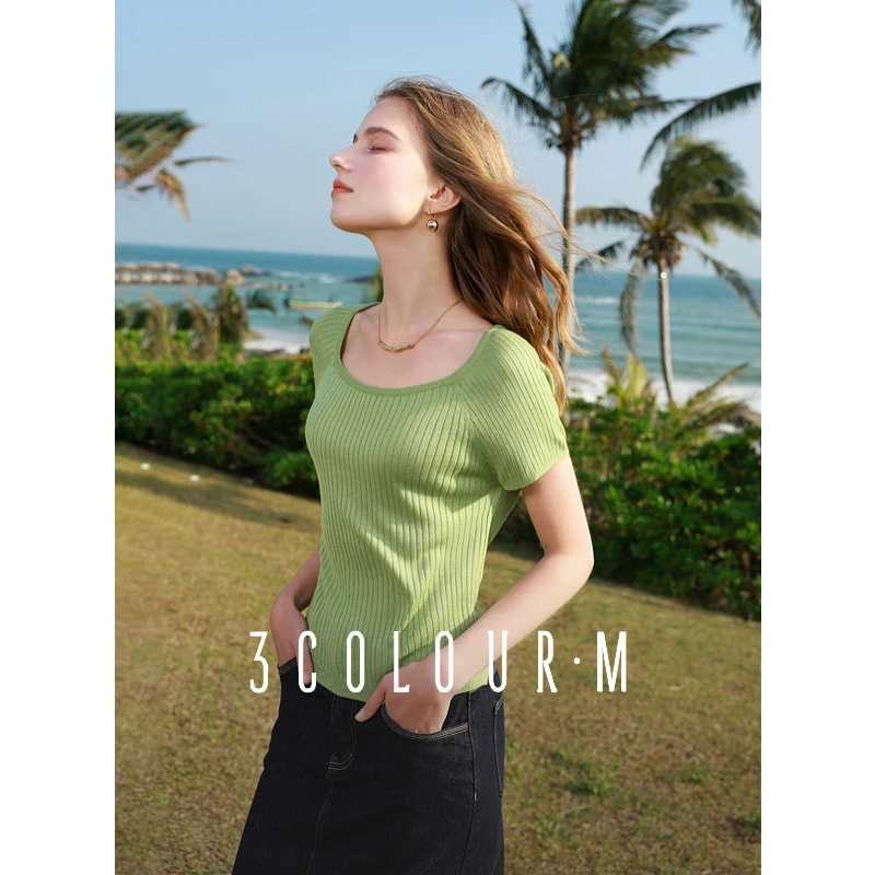 【冰丝针织衫】三彩2025夏季新款短袖方领度假短款修身套头女M