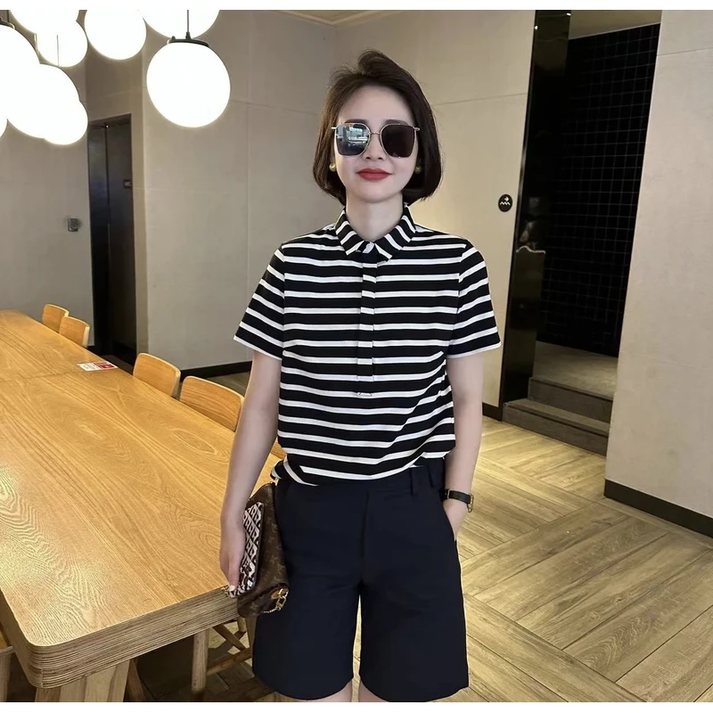 欧货夏季经典横条纹polo衫短袖t恤女设计感小众宽松百搭显瘦上衣
