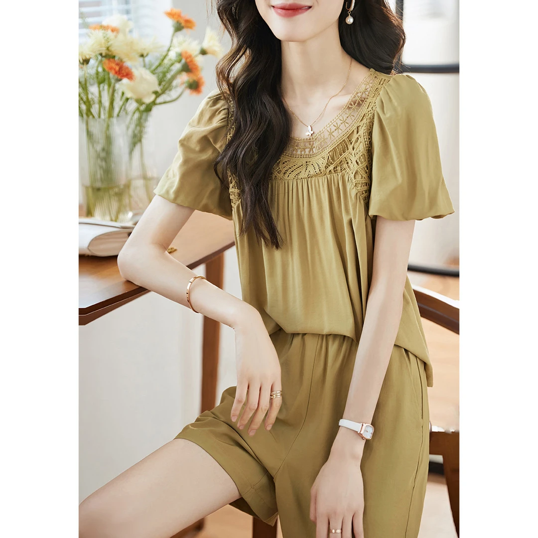 【镂空简约裤套】2025夏季新款休闲泡泡袖衬衫短裤百搭女套装4544