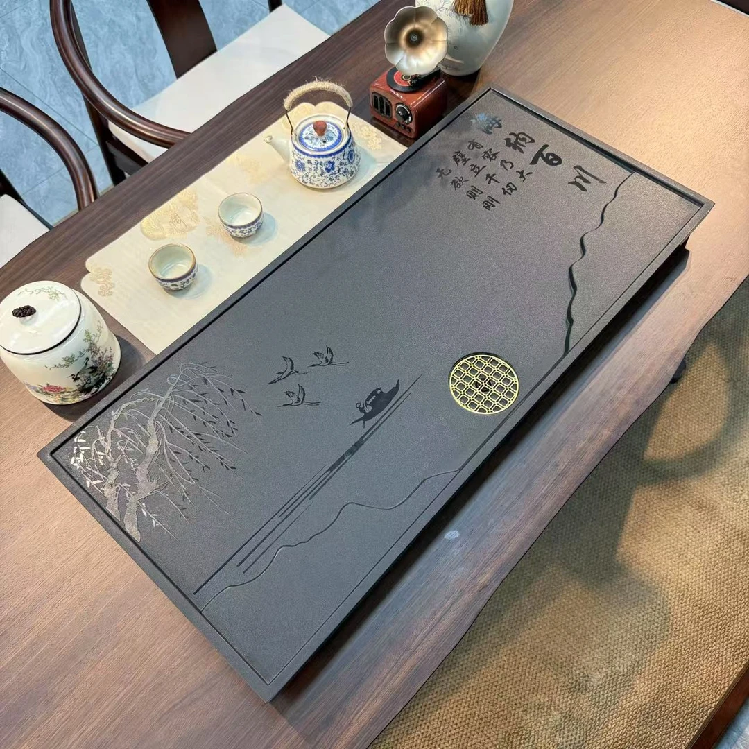 新款海纳百川乌金石茶盘客厅办公两用直排下水干湿分离大尺寸茶盘