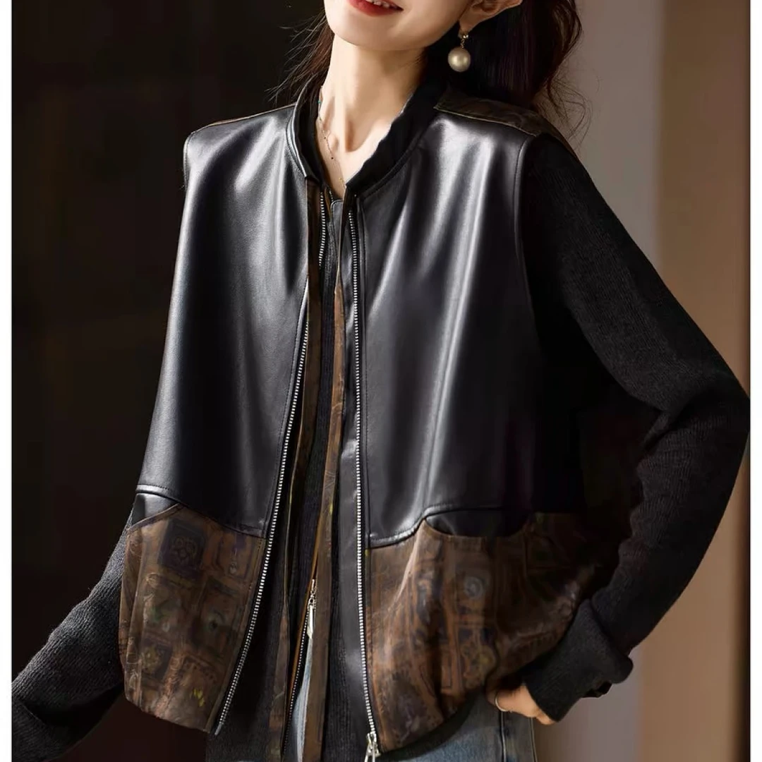 时尚提花拼接PU皮马甲女秋季新款上衣2025年欧货大码宽松坎肩
