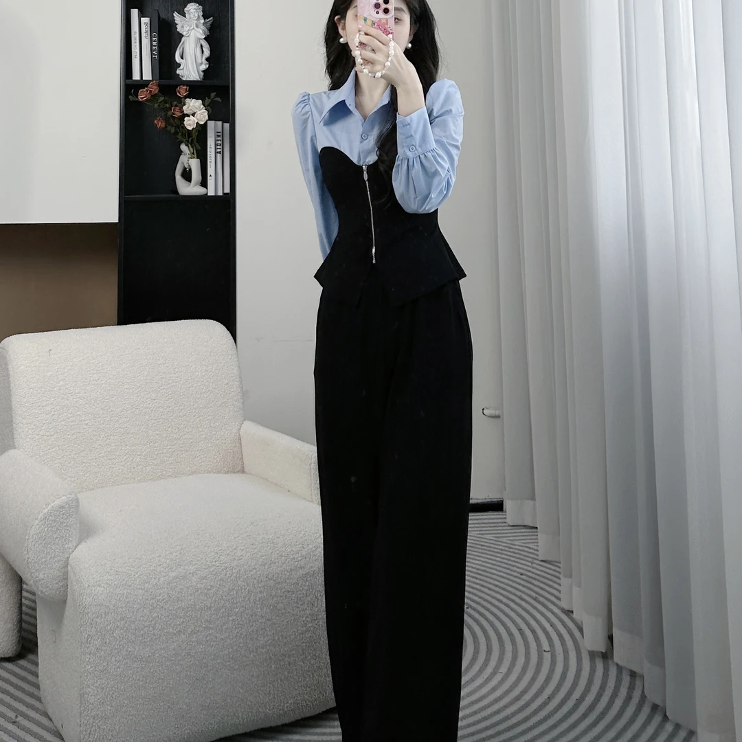 拉夏贝尔2025秋季通勤凤高级设计显瘦减龄拼接衬衫+裤子 10323 WW