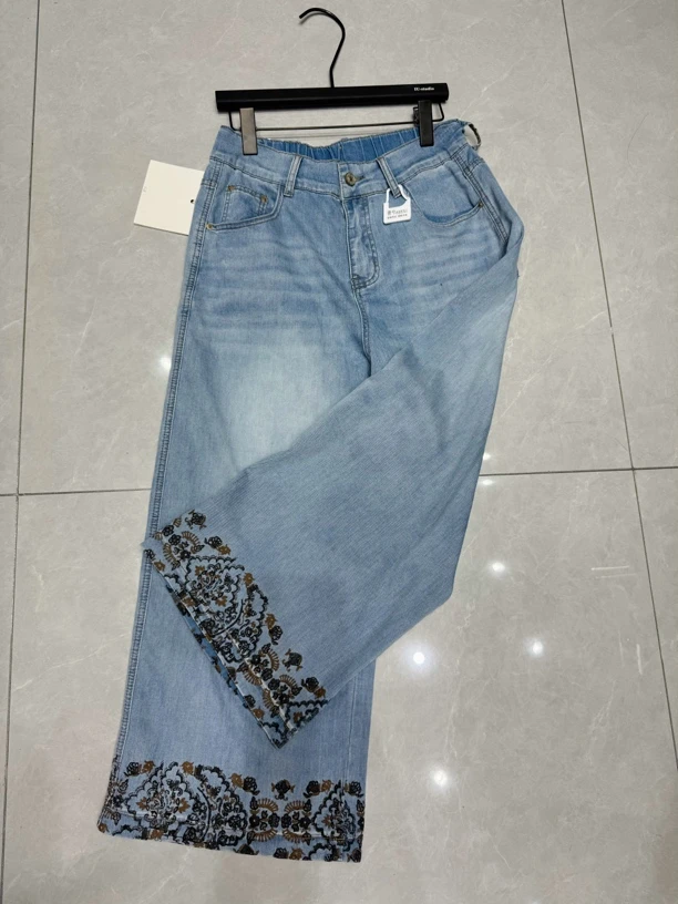 夏季新款重工刺绣八分牛仔阔腿裤女高腰宽松薄款休闲直筒裤