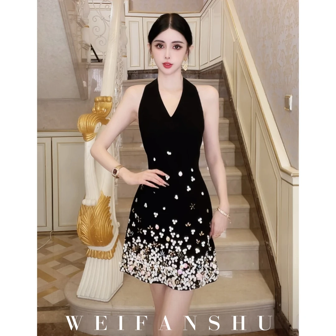 WEIFANSHU/魏凡舒【回忆米兰】夏季新款名媛性感显瘦X领挂脖连衣裙