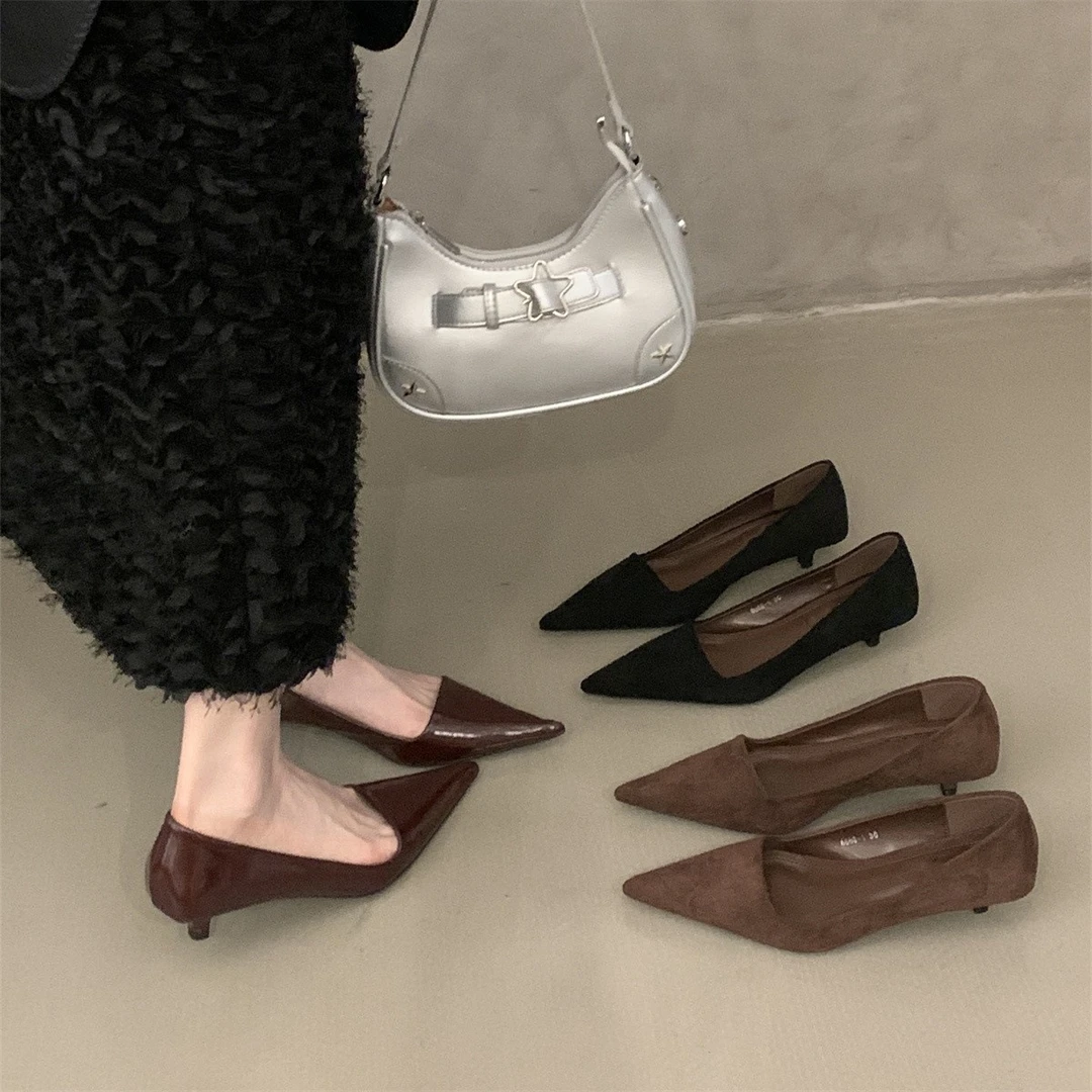 法式小猫跟尖头红色单鞋女鞋子2025春秋季气质黑色通勤细跟高跟鞋