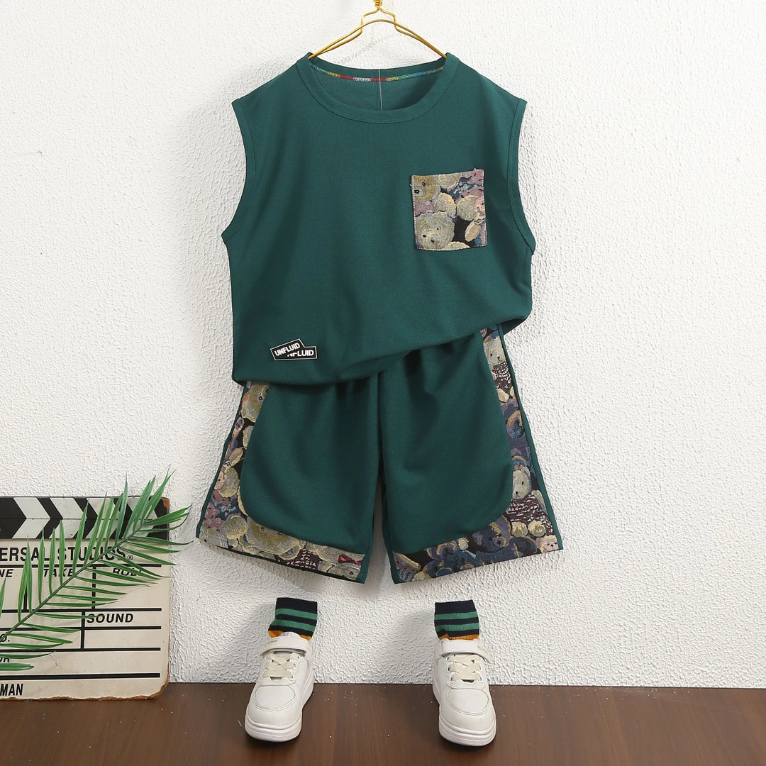 休闲套头印花韩版男孩套装男帅气童装字母夏季薄款中国风男童