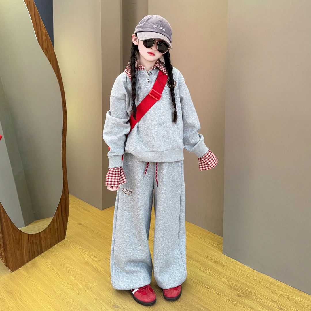 女童2025新款中大童韩版洋气春秋季休闲撞色格子卫衣阔腿裤套装潮