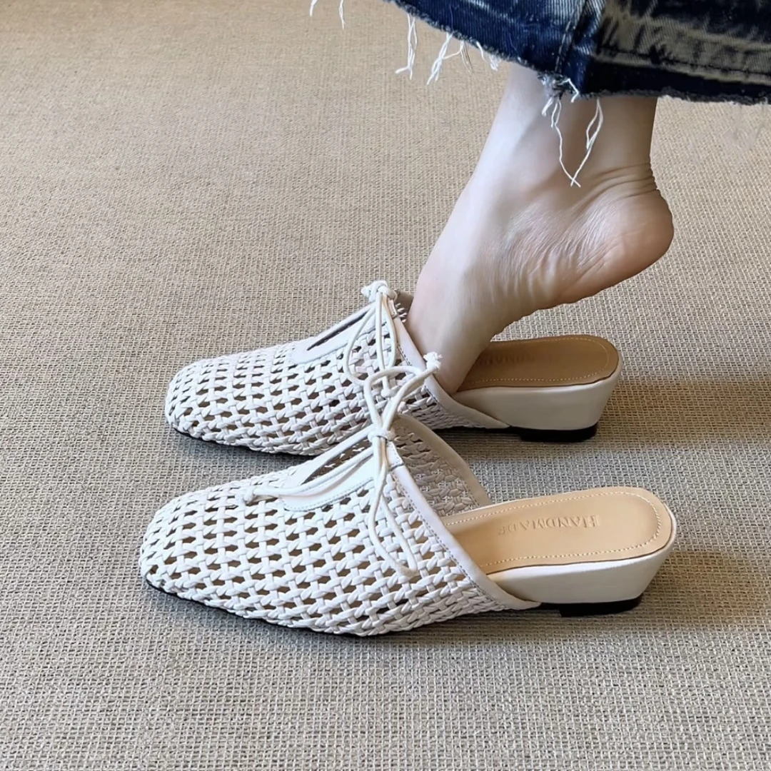 羊皮版-小方头编织镂空系带头半拖鞋女 夏新款坡跟一脚蹬镂空拖鞋