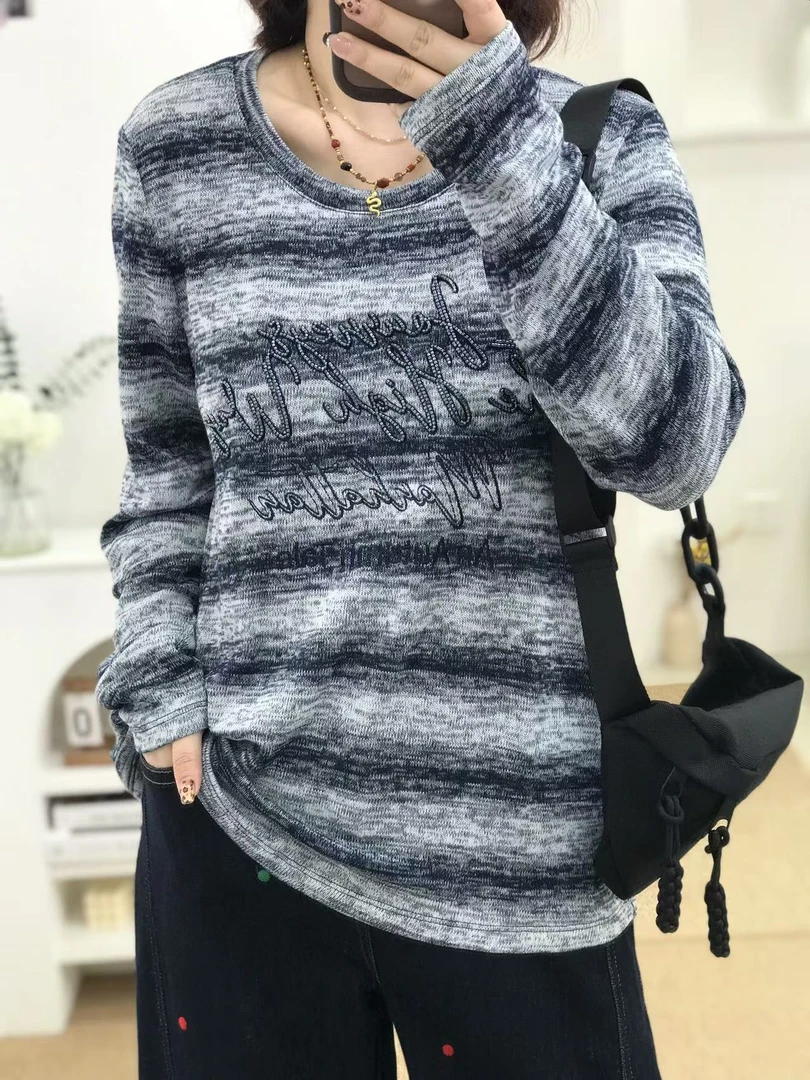 {莹莹推荐}1322秋季大码女装秋款刺绣迷彩晕染长袖针织衫