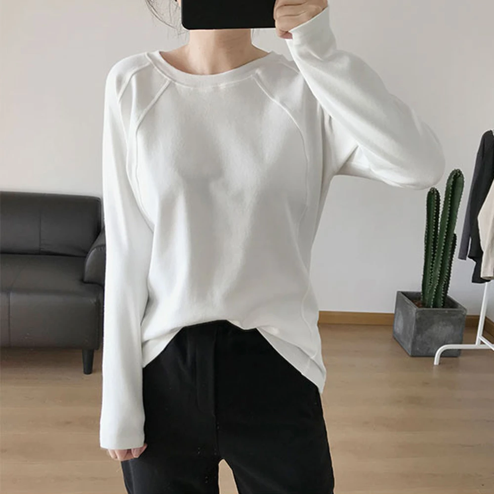 韩版时尚休闲简约纯色修身圆领德绒磨毛打底长袖T恤衫秋冬新款女