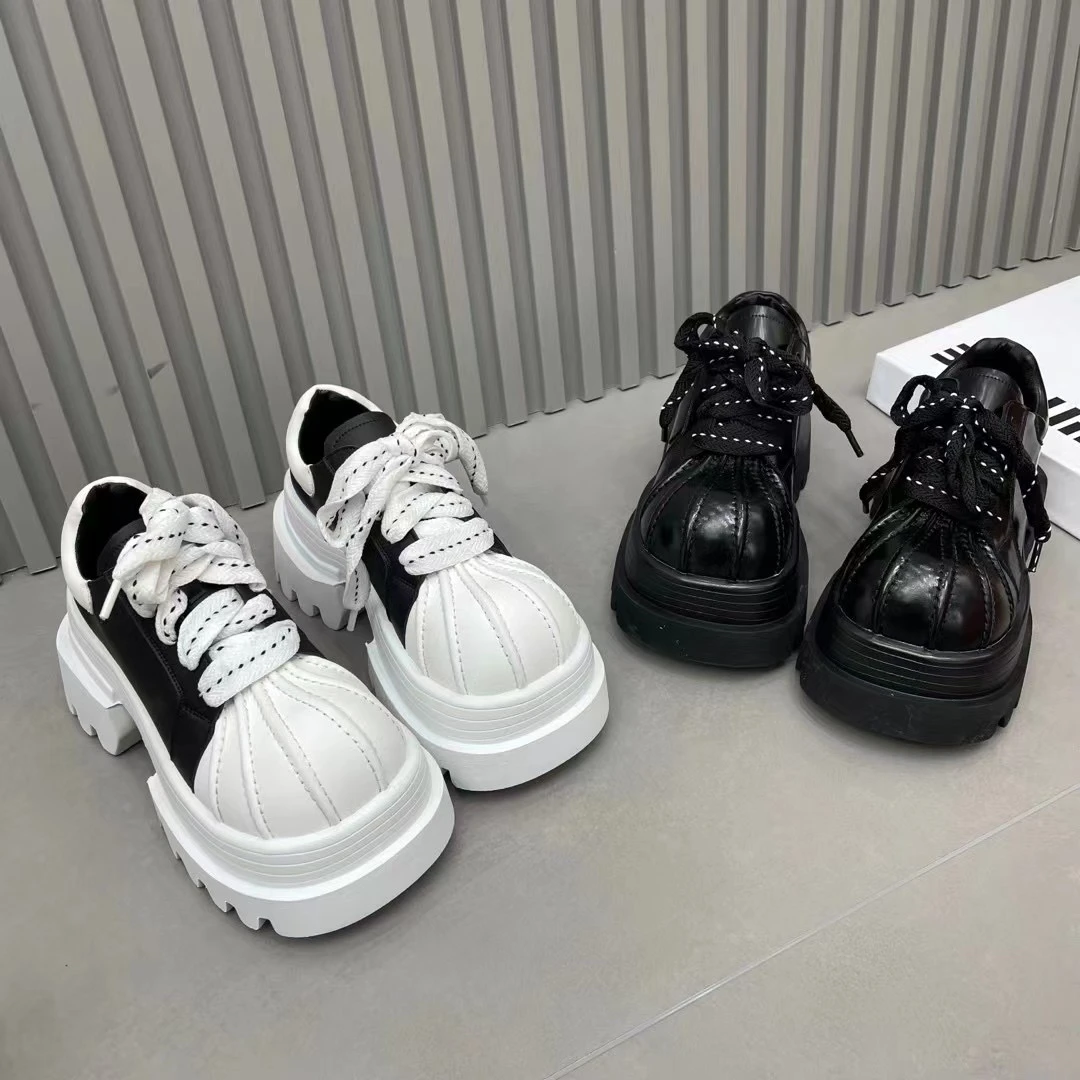 真皮松糕跟系带德比鞋大头JK小皮鞋乐福鞋英伦风布洛克加绒棉鞋女