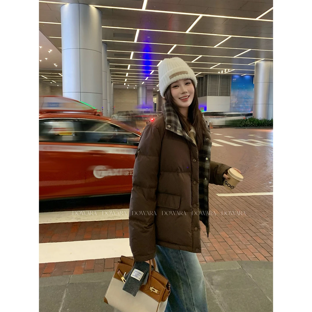 大婉酱微胖定制【日暮铜迹】新国标90白鸭绒拼接格纹女羽绒服 2600D