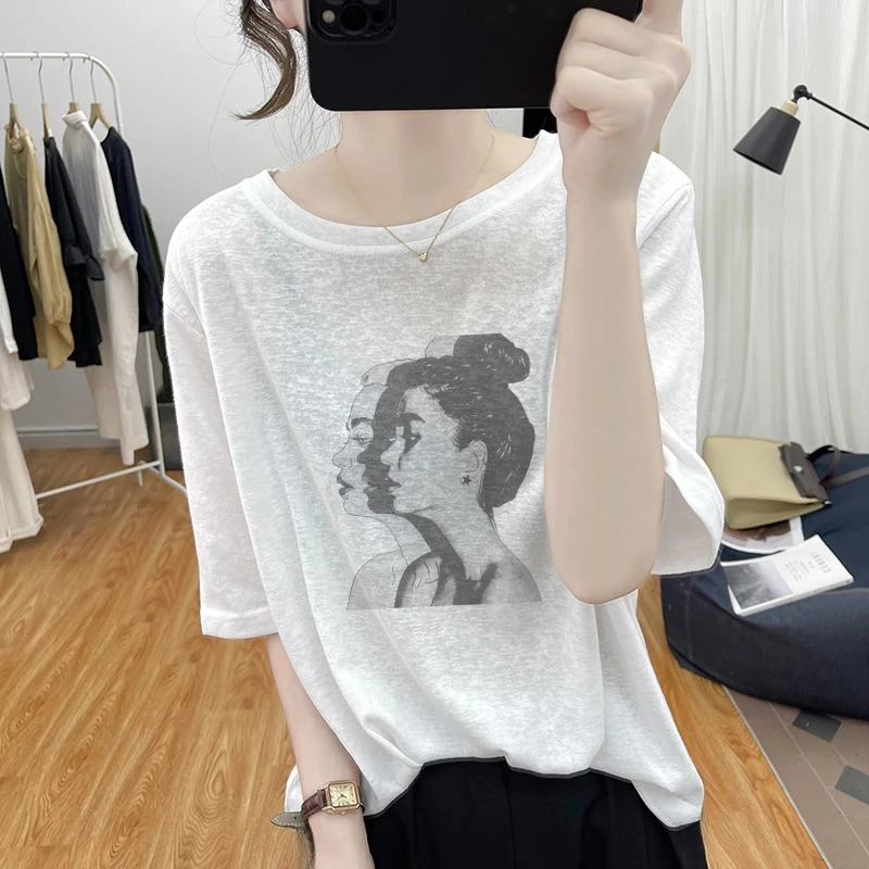 新款雪花棉亚麻短袖T恤女薄款上衣夏季防晒圆领宽松透气打底复古