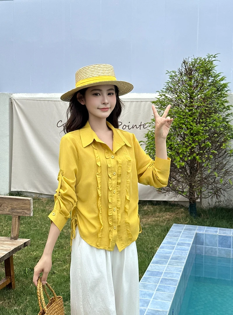 2518【衣长52】秋季新款时尚木耳边拼接无袖衬衫女百搭减龄气质上衣