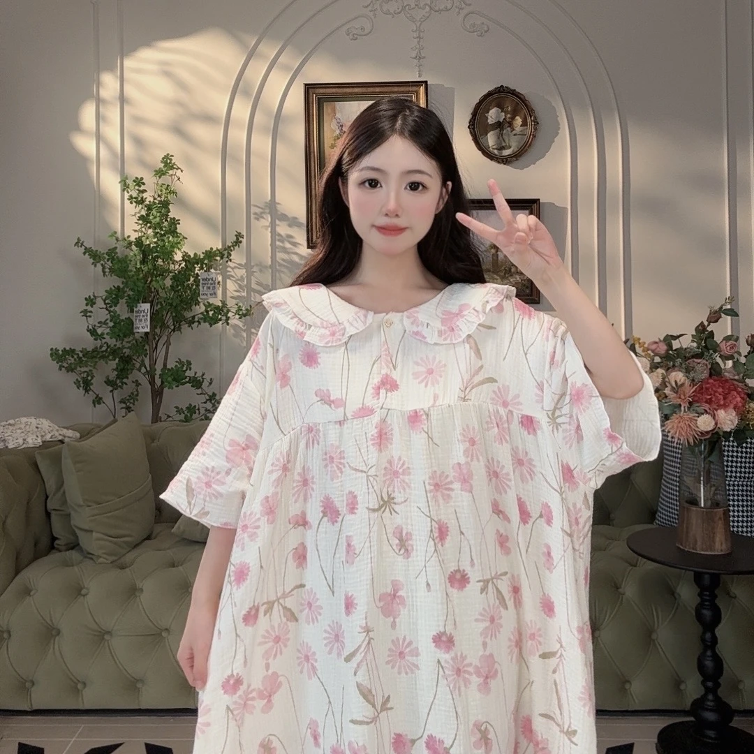 大码睡裙女款爆款2025新款短袖纯棉睡裙100%全棉睡裙可外穿夏长裙