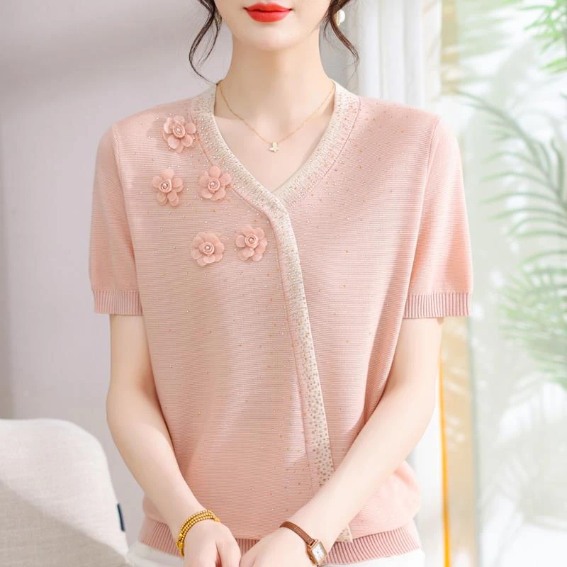 恒源祥彩羊年轻妈妈夏装短袖T袖母亲节中老年人女夏季薄款冰丝小