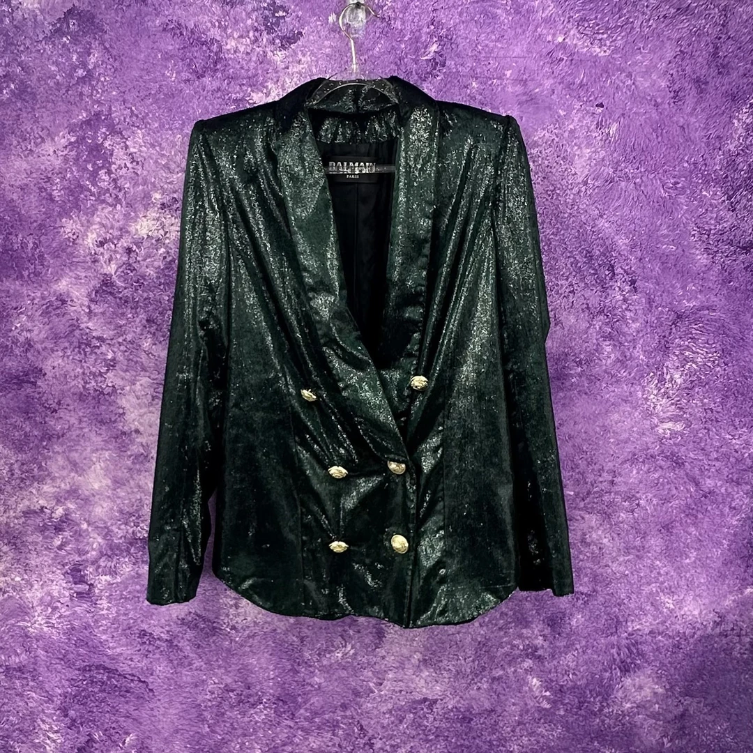 99新 BALMAIN/巴尔曼 葡萄籽奢潮/巴尔曼墨绿色丝绒西服外套/34