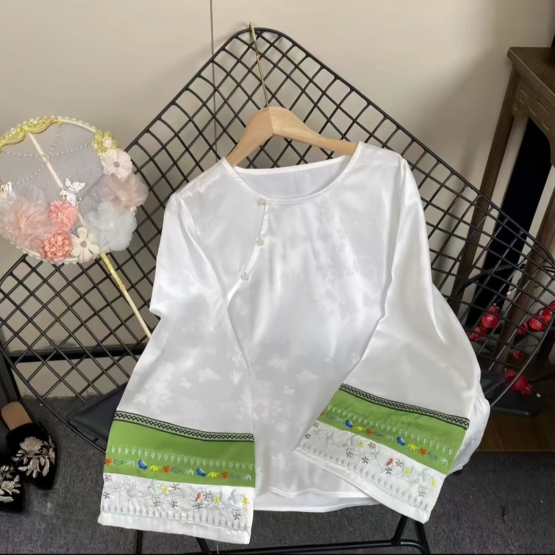 【叶落】新中式国风薄款宽袖衬衫春季新款民族风刺绣重工打底小衫女