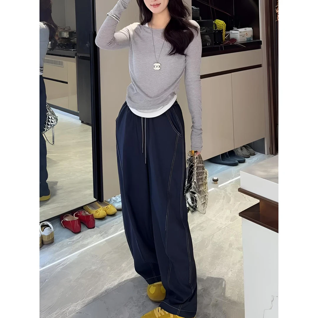 2025春季新款薄款高腰休闲明线腰带松紧设计宽松显瘦休闲弯刀裤女