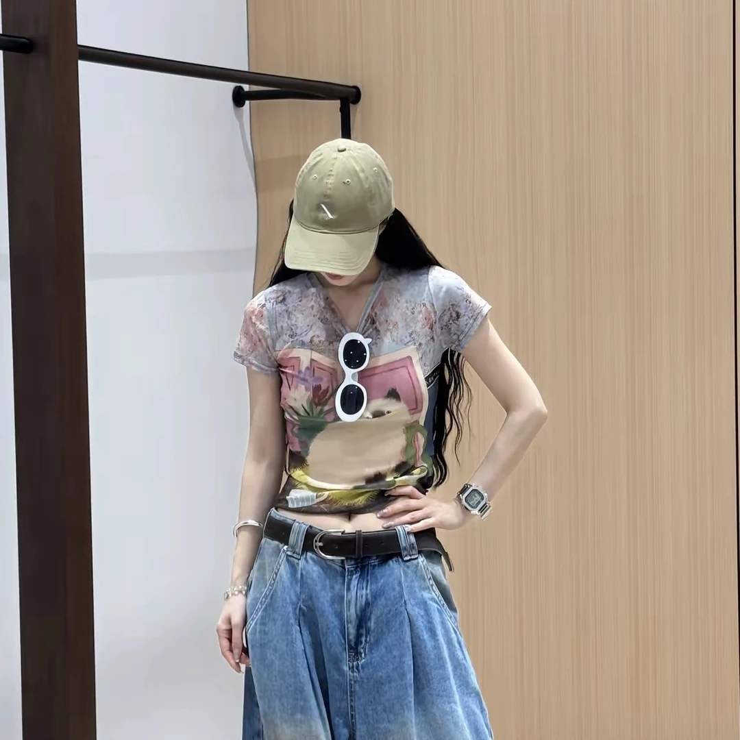 布偶喵～美式网纱短袖辣妹风猫咪印花修身T恤