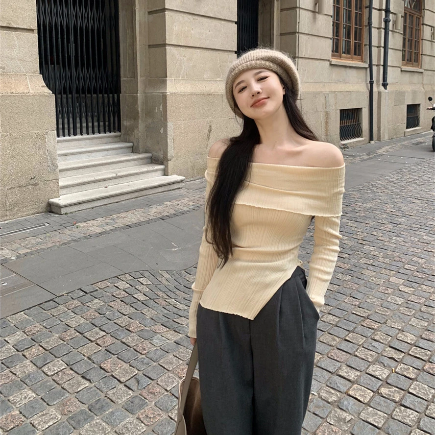 一字肩长袖针织打底衫女秋季黑色性感不规则修身显瘦短款上衣