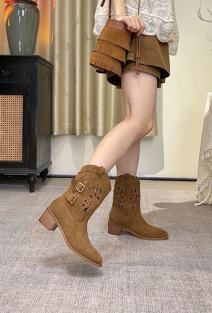 唐乐乐｜25new春夏限定【夏日繁花】皮带镂空透气真皮尖头短靴360-5