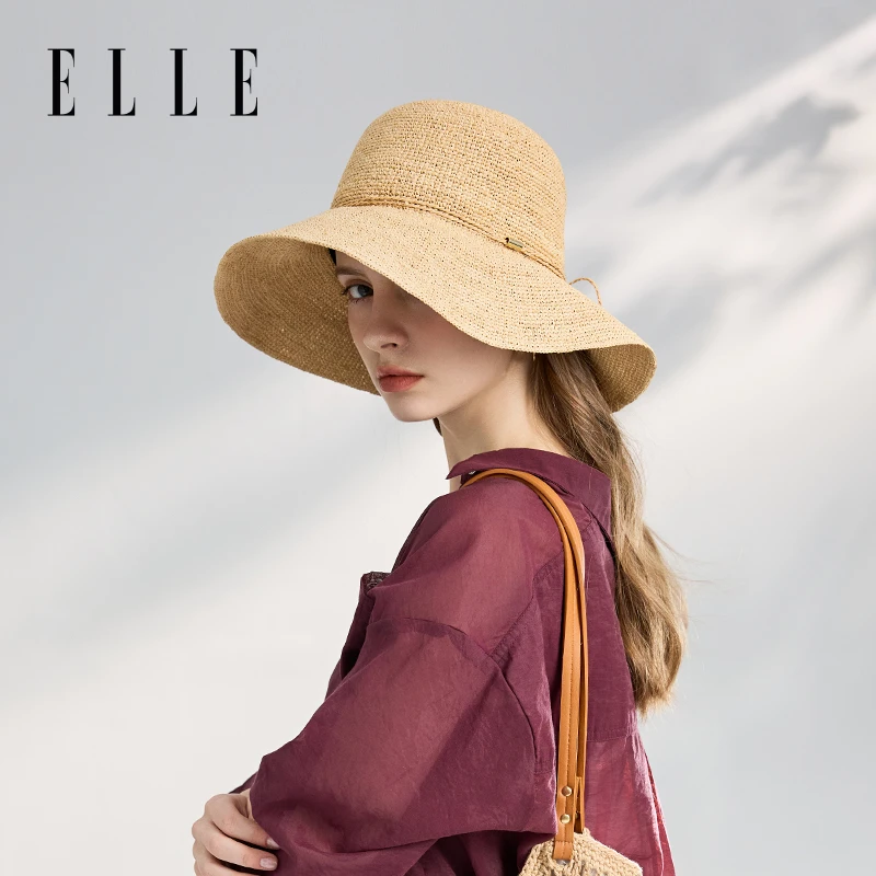 ELLE时尚百搭草帽夏季女士户外遮阳显脸小大帽檐太阳帽36SE18017