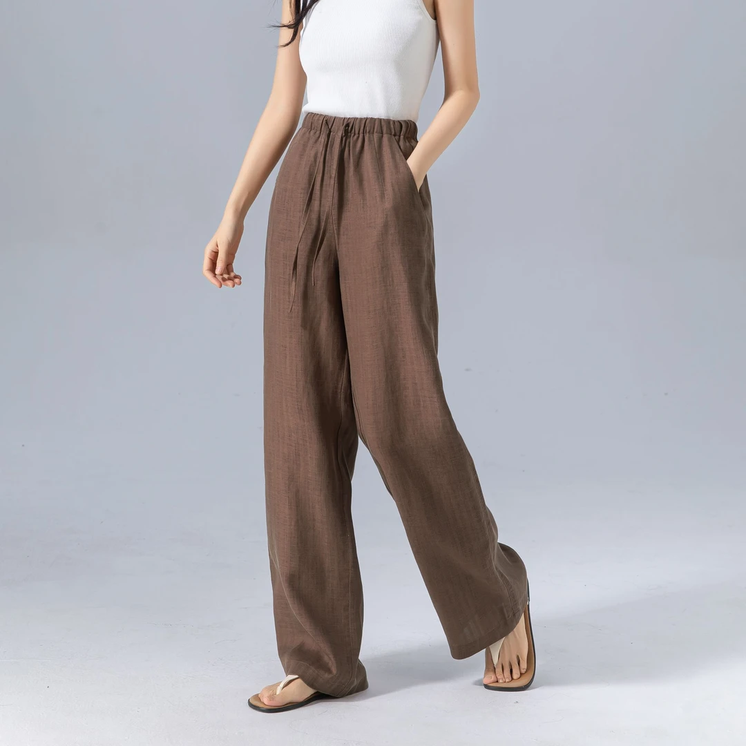 可可棕色天丝亚麻阔腿裤女夏季薄款2025款宽松裤子高腰亚麻直筒裤