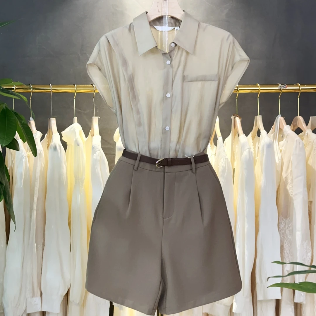 〈纪朵研〉1022气质衬衫短裤套装女2025夏季新款轻薄法式别致上衣