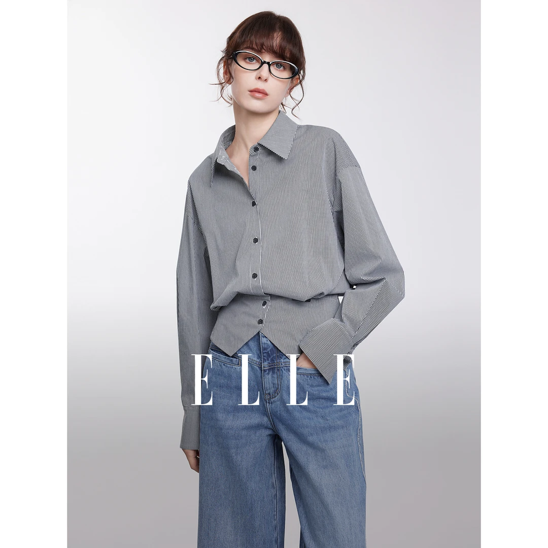 ELLE气质格纹收腰翻领长袖衬衫女2025春季新款高级感通勤EC50728