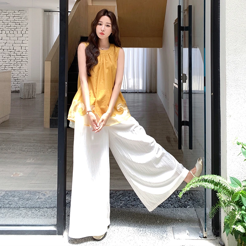 新中式国风黄色背心阔腿裤套装女2025夏季新款ootd穿搭洋气两件套