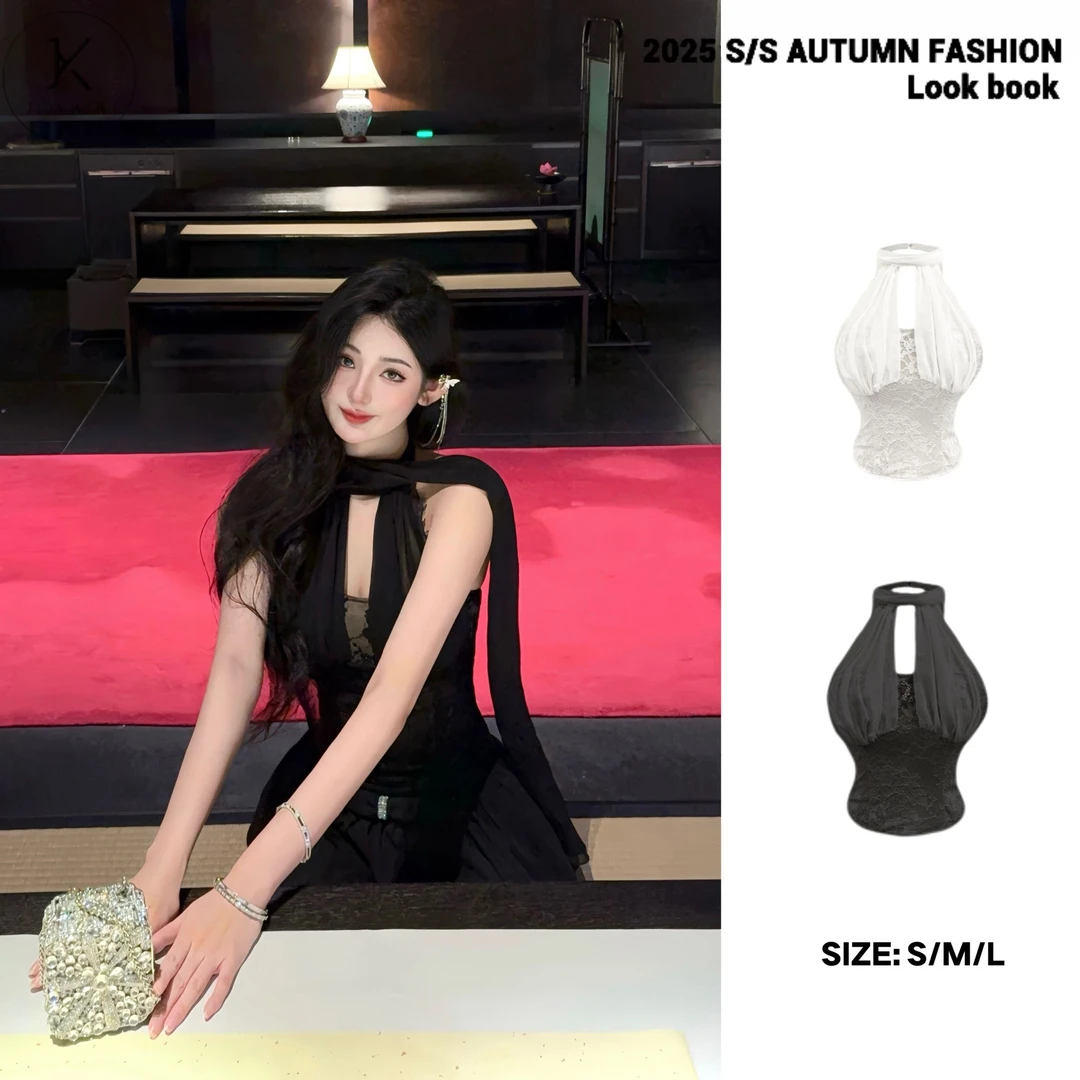 JOYKIKI金金【巴黎晚宴】秋季气质御姐风拼接蕾丝挂脖上衣J25C129