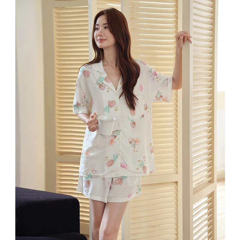 米诗缇【珊瑚杏色底短袖短裤】小众设计师可外穿短袖短裤睡衣家居服