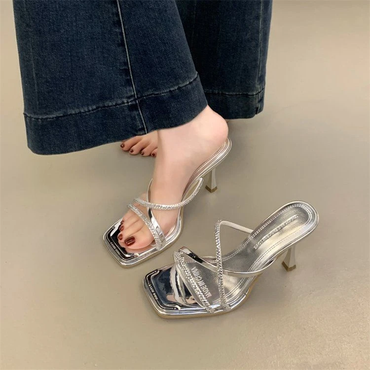 仙女风露趾拖鞋女一字带细跟配裙子凉鞋夏水钻带超高跟鞋女凉拖鞋