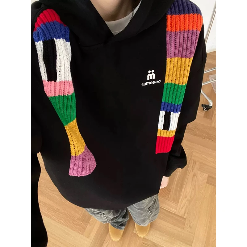 美式高街彩虹拼接连帽卫衣女秋冬oversize宽松显瘦设计感小众上衣