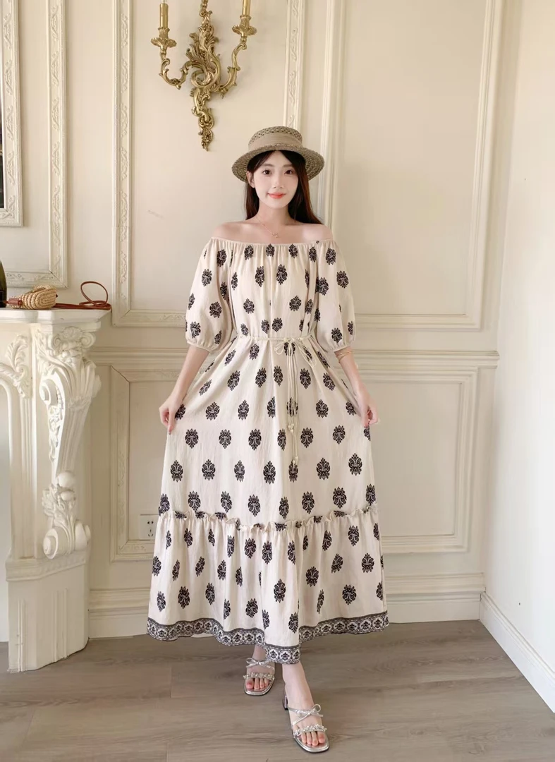 DD-竹节人造棉连衣裙时尚短袖夏季复古几何图案常规百搭印花S68